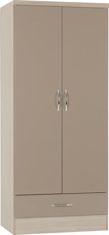 Nevada 2 Door 1 Drawer Wardrobe in Oyster Gloss/Light Oak Effect Veneer