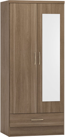 Nevada 2 Door 1 Door Mirrored 1 Drawer Wardrobe in Rustic Oak Effect