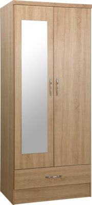 Nevada 2 Door 1 Door Mirrored 1 Drawer Wardrobe in Somona Oak Effect