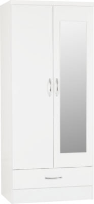 Nevada 2 Door 1 Door Mirrored 1 Drawer Wardrobe in White Gloss